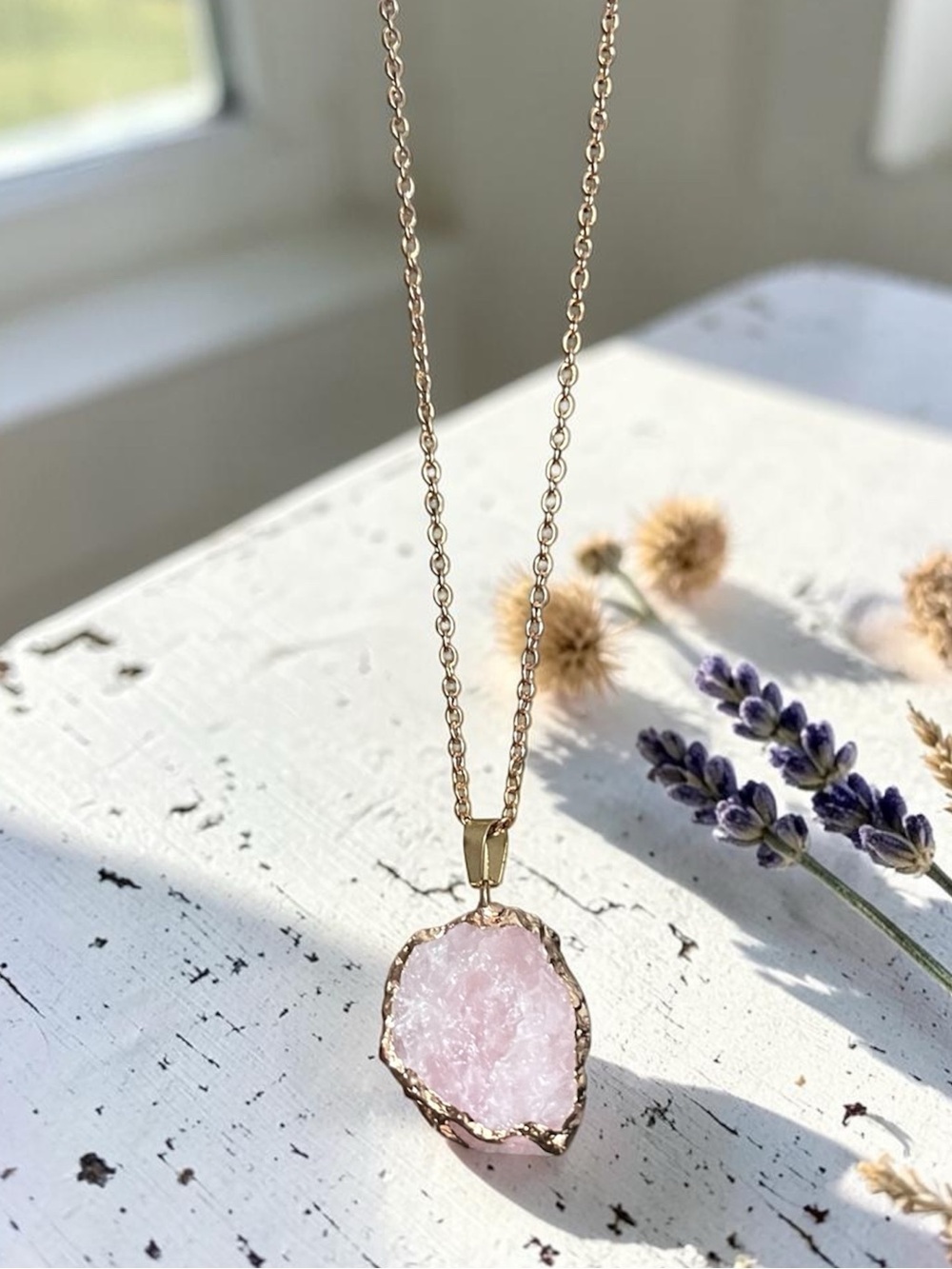 ROSE QUARTZ 14k gold plated raw cut natural stone pendant necklace gold chain